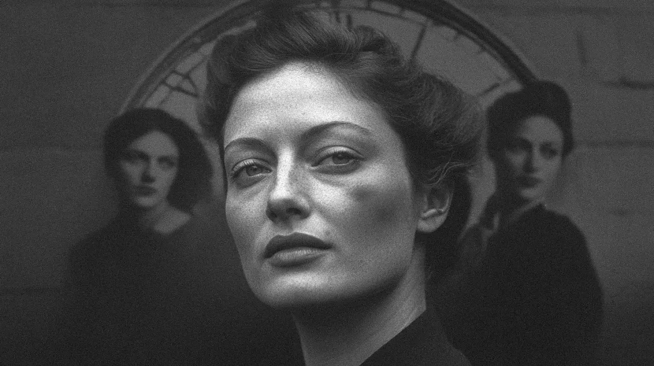 Portrait d'une photographe femme, son regard intense captivant, tandis que deux silhouettes féminines floues se tiennent derrière elle, évoquant un passé ou une inspiration.
