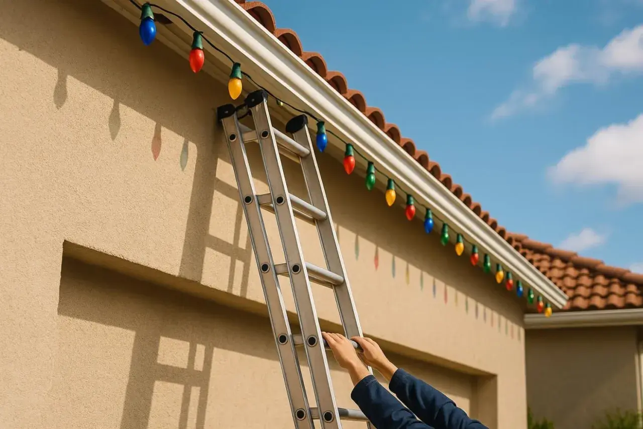 Une échelle est appuyée contre un mur beige, des mains s'agrippent aux barreaux. Des guirlandes lumineuses colorées ornent la gouttière, prêtes pour la fête. Une photo règle pour l'installation.