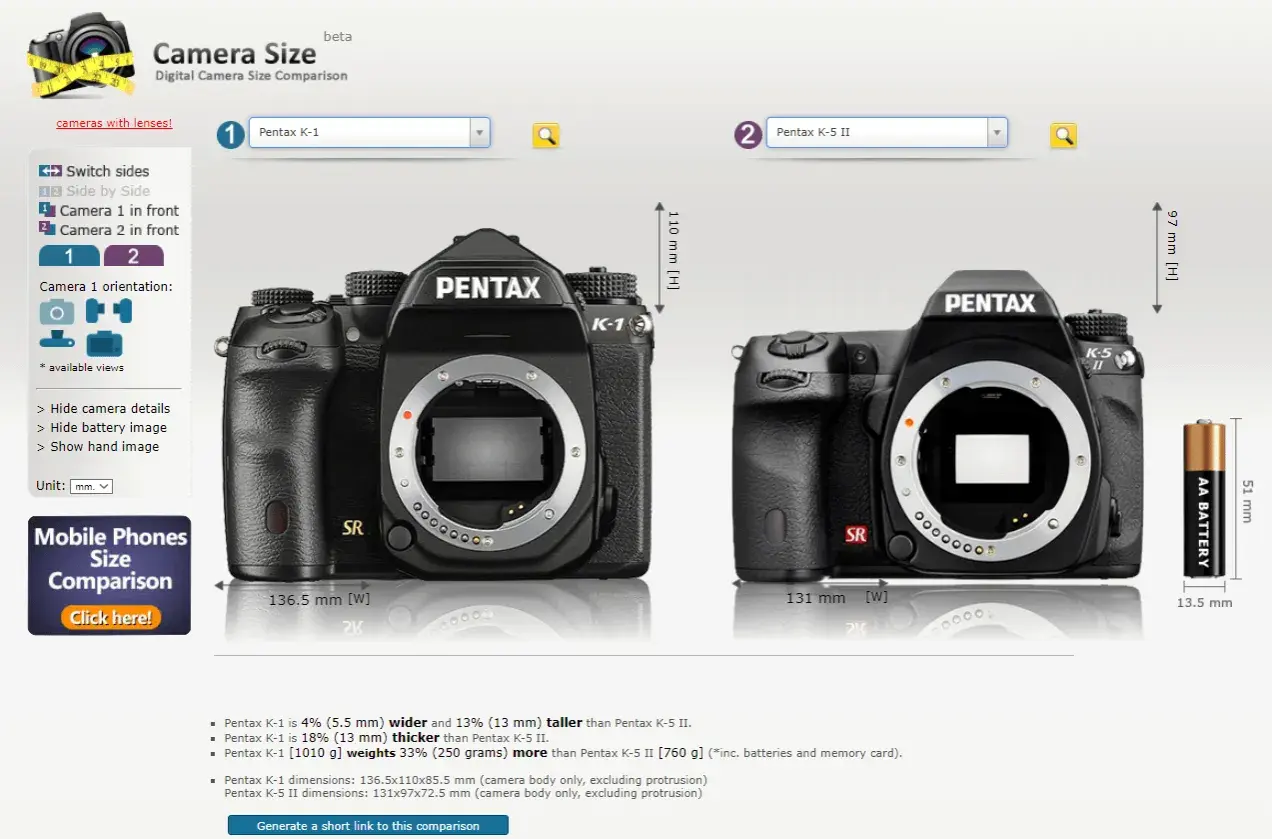 Comparaison des tailles des appareils photo : le Pentax K-1 est plus large et plus épais que le Pentax K-5 II.