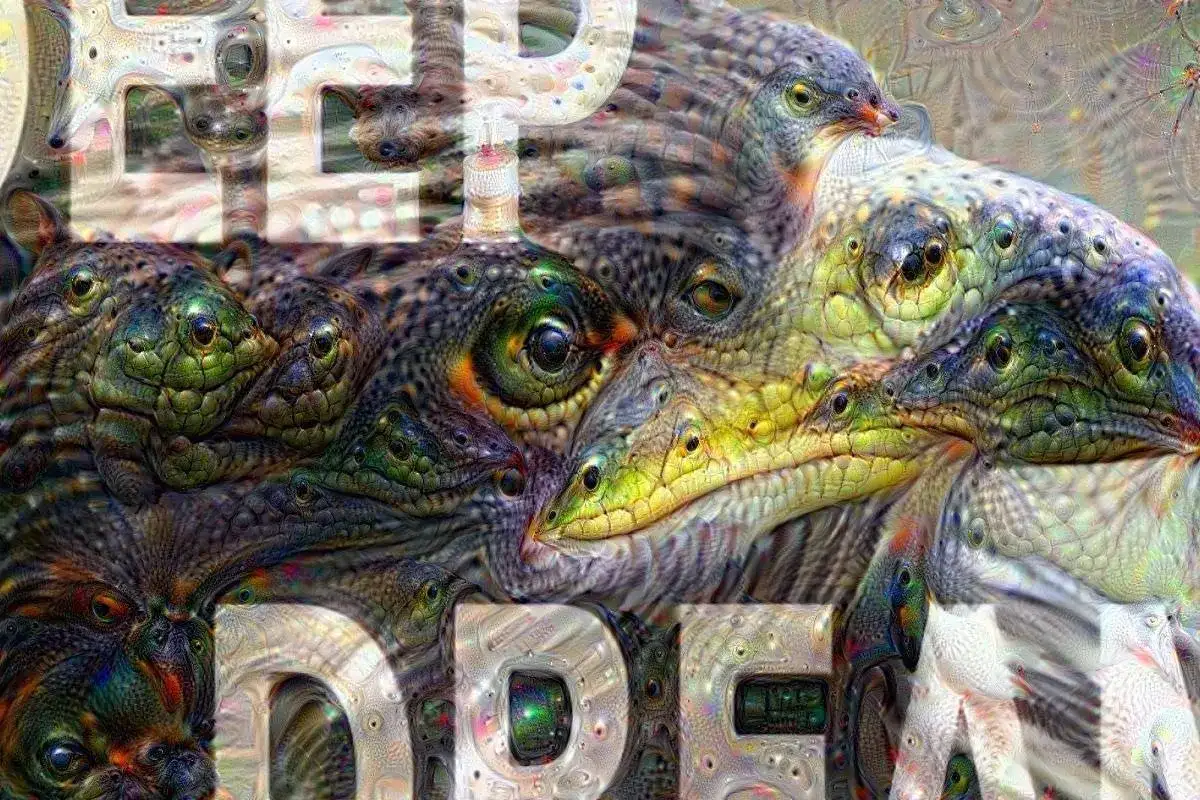 Un paysage onirique où des créatures reptiliennes et aviaires se fondent dans une vision psychédélique, évoquant un deep dream.