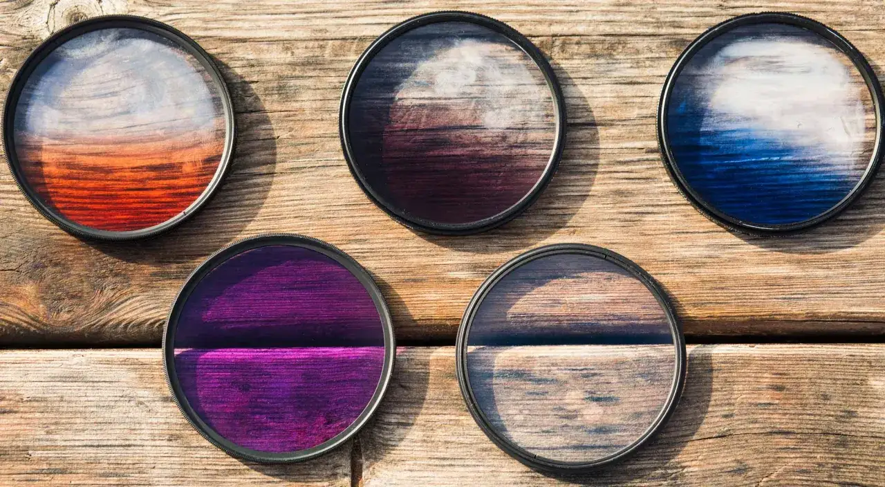 Cinq filtres photo circulaires aux couleurs vives (orange, violet, bleu) et d&eacute;grad&eacute;s, pos&eacute;s sur un fond en bois.