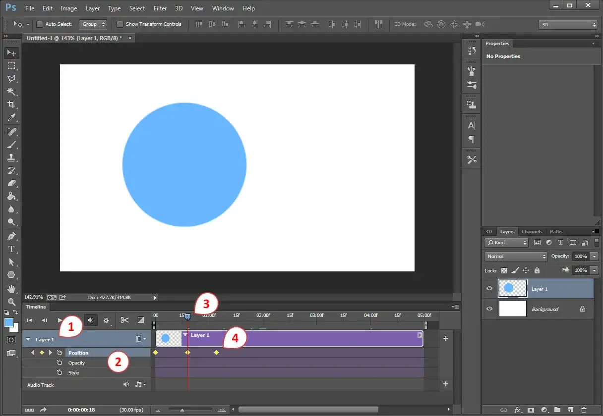 Comment faire un GIF avec Photoshop : une animation de cercle bleu sur la timeline.