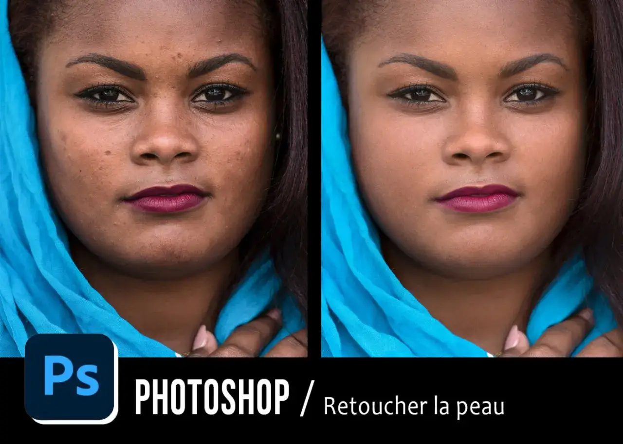 Avant/apr&egrave;s : retouche de peau avec la fr&eacute;quence s&eacute;paration dans Photoshop. La peau est liss&eacute;e, les imperfections effac&eacute;es.