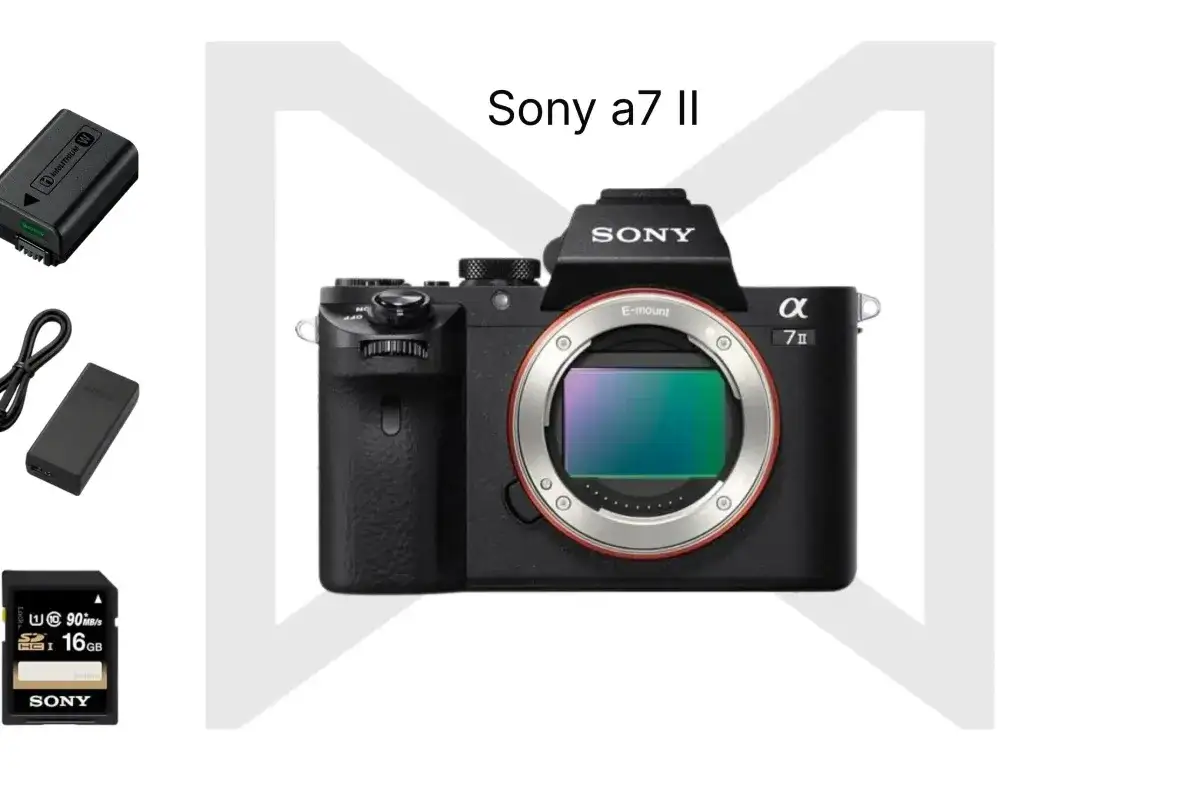 Un appareil photo Sony a7 II avec batterie, chargeur et carte m&eacute;moire 16 Go.