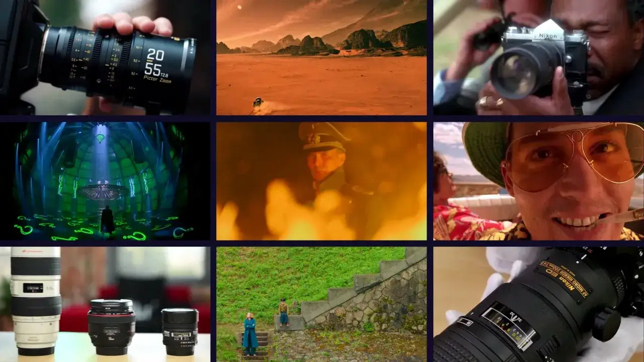 Montage de scènes de films et de matériel photographique, dont un objectif photo professionnel.