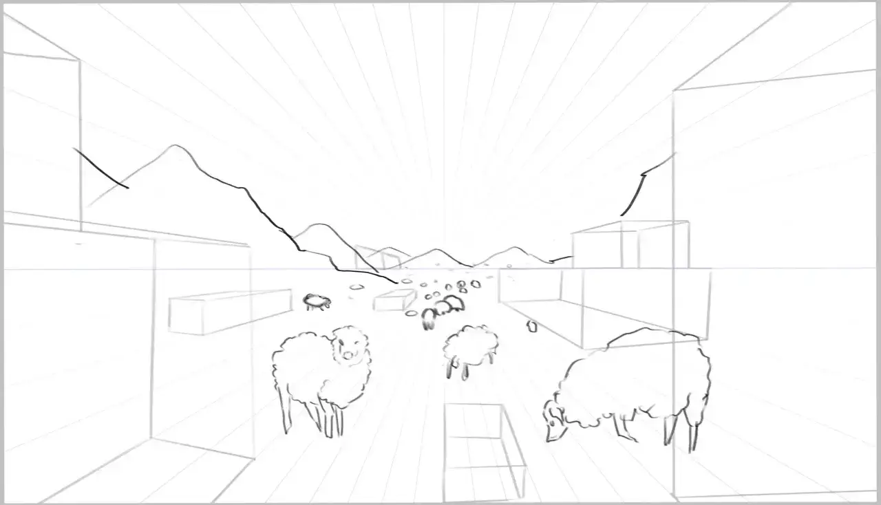 Un troupeau de moutons avance dans une rue, cr&eacute;ant un fort effet de perspective. Les lignes convergent vers l'horizon, accentuant la profondeur.