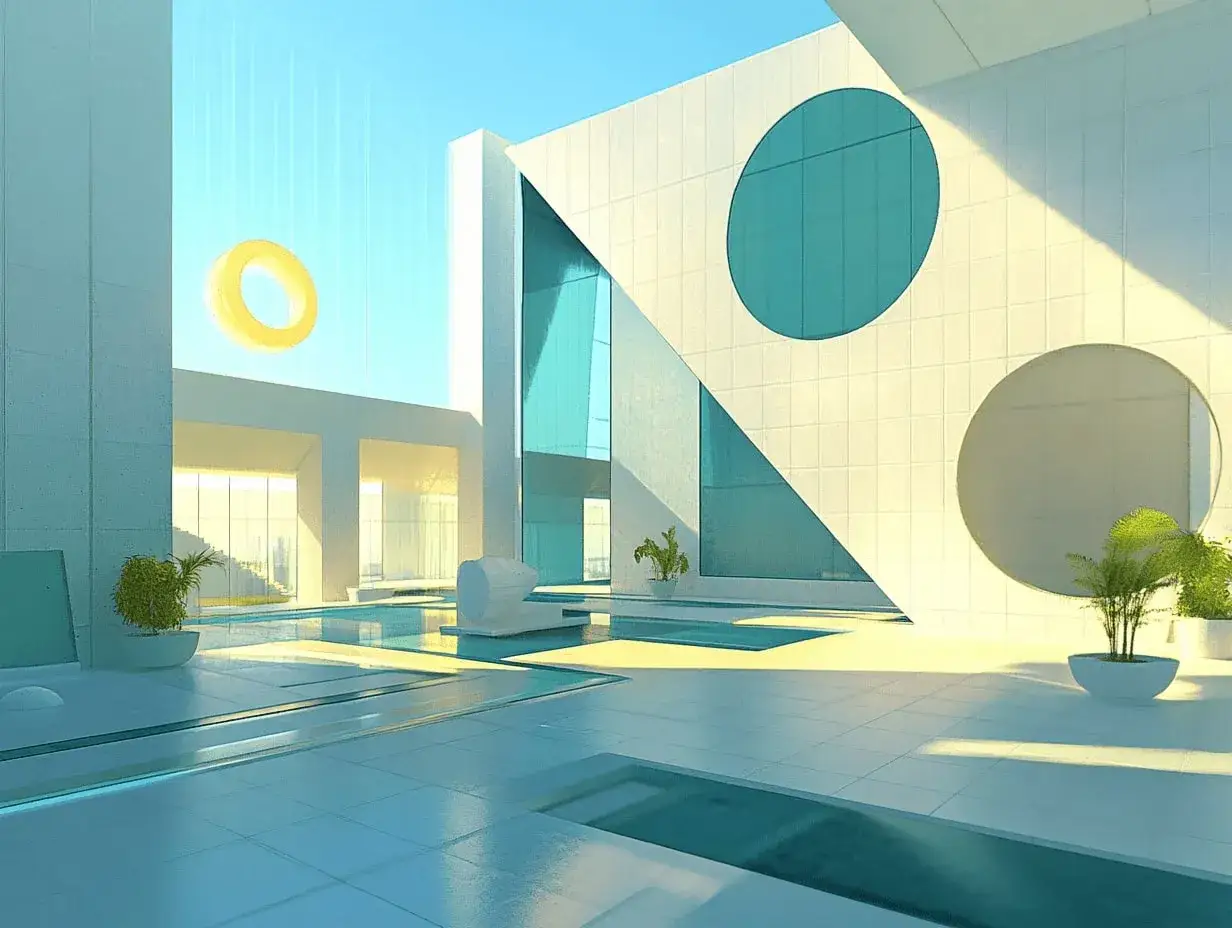 Une photographie d'architecture futuriste aux formes &eacute;pur&eacute;es, avec des cercles bleus sur un mur blanc et un anneau jaune flottant dans le ciel clair.