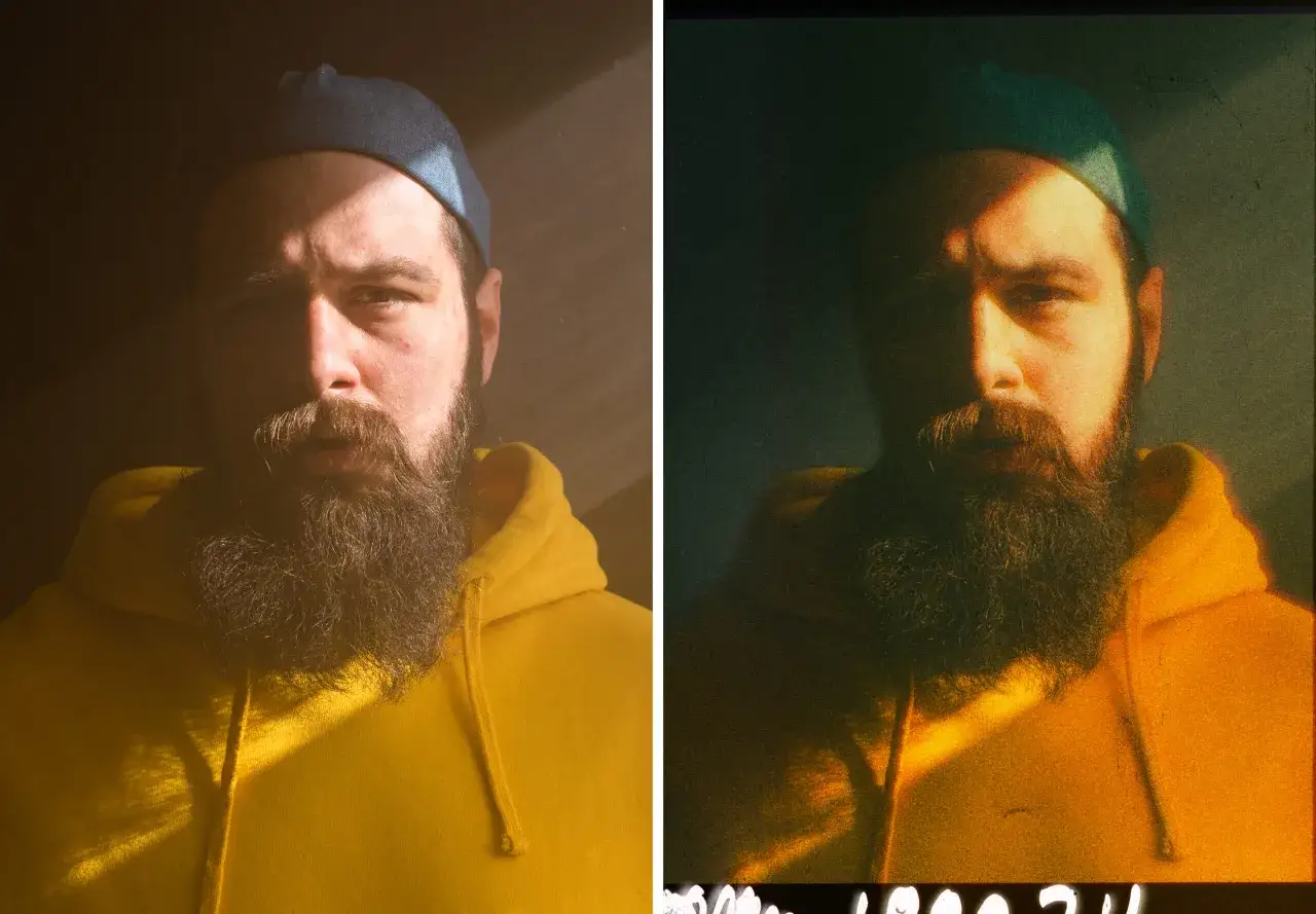 Portrait d'un homme barbu portant un bonnet bleu et un sweat jaune, avec un jeu d'ombres et de lumi&egrave;re. Une grain photo en ligne ajoute une texture vintage.