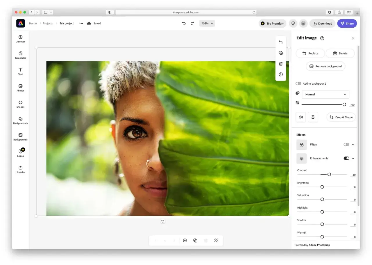 Interface d'&eacute;dition d'image sur Mac, avec une photo de visage partiellement cach&eacute;e par une feuille. Outils de retouche photo Mac gratuit disponibles.