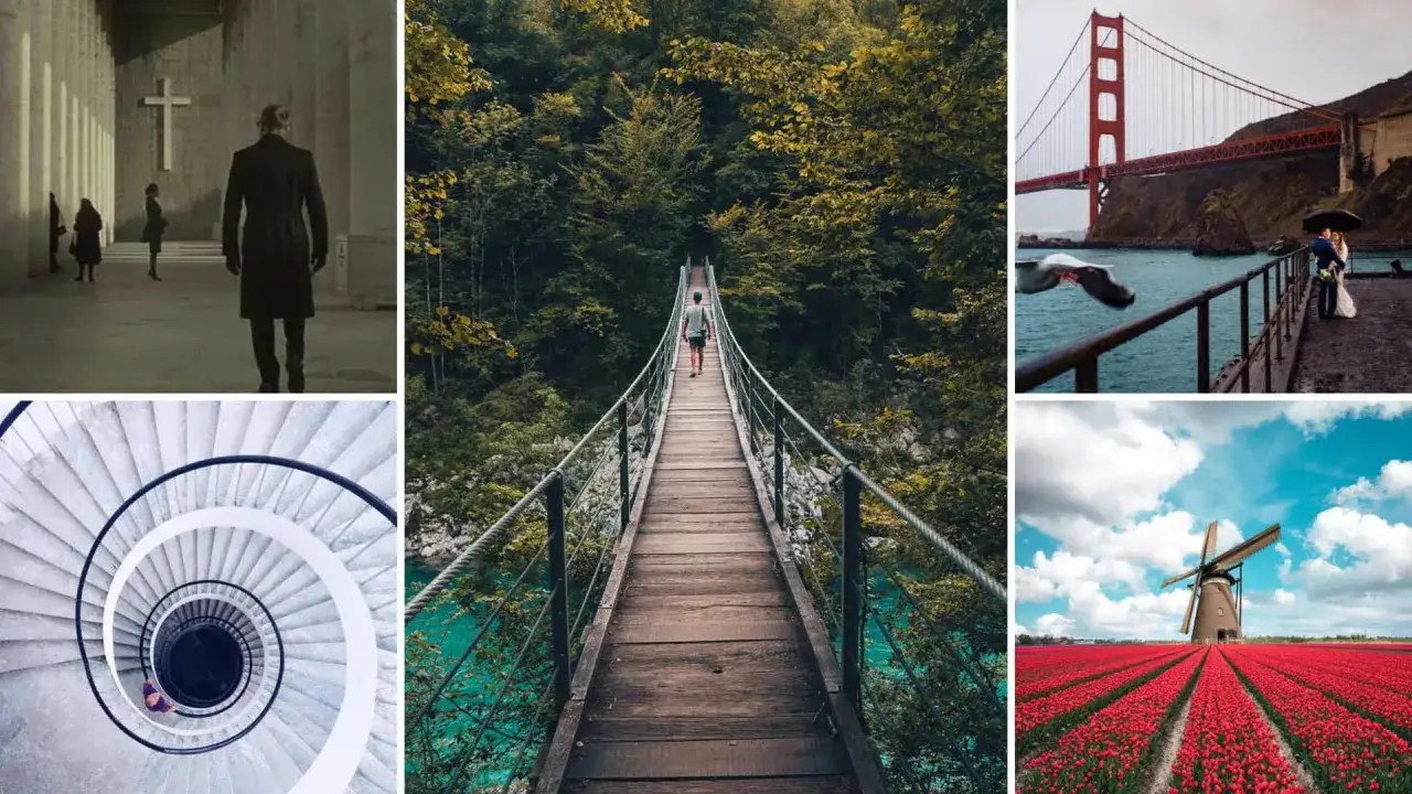 Analyse photo : une croix dans un lieu solennel, un pont suspendu, un couple sous un parapluie, un escalier en colima&ccedil;on et un moulin au milieu de tulipes.