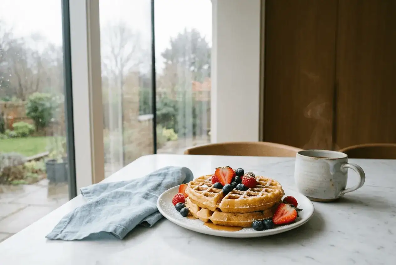Une photo culinaire d'une pile de gaufres garnies de fruits rouges et de bleuets, avec une tasse de caf&eacute; fumant &agrave; c&ocirc;t&eacute;.