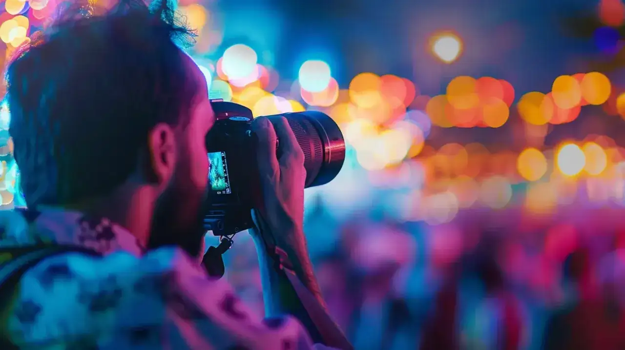 Photographe en pleine action, capturant l'ambiance vibrante d'un &eacute;v&eacute;nement festif. Les lumi&egrave;res bokeh cr&eacute;ent une atmosph&egrave;re magique.