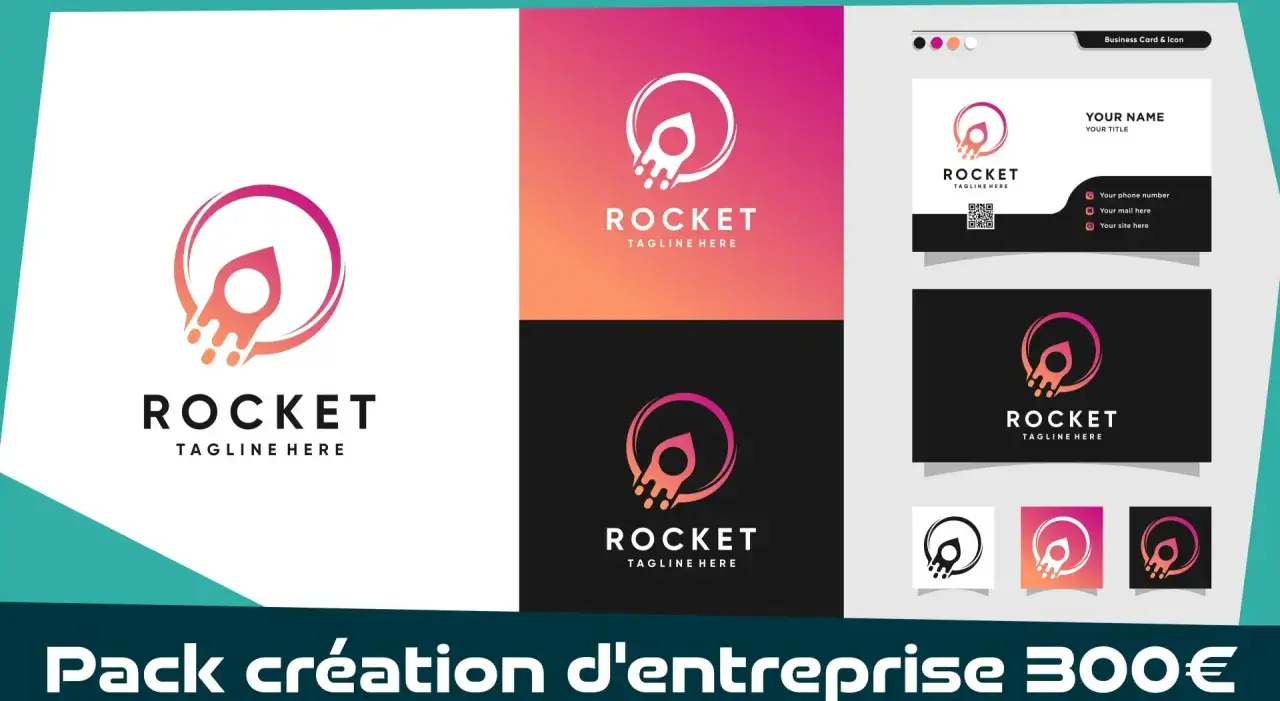 Logo et carte de visite pour la création d'entreprises, avec une fusée stylisée. Idéal pour lancer votre projet.