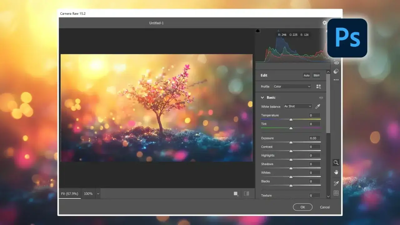 Interface de Camera Raw dans Photoshop, montrant un arbre f&eacute;erique. Apprenez comment ouvrir Camera Raw dans Photoshop pour retoucher vos photos.