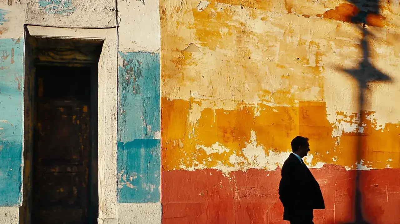 Un homme en costume marche devant un mur décrépit aux couleurs vives, une ombre de lampadaire se projette sur le mur. Saul Leiter photos.