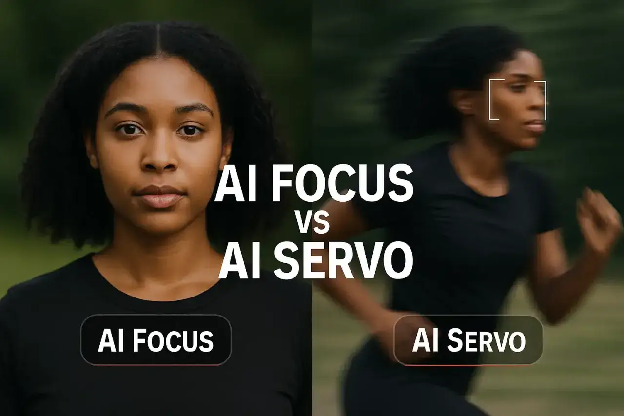 Deux femmes, l'une immobile et l'autre en mouvement, illustrent les modes AI FOCUS et AI SERVO.