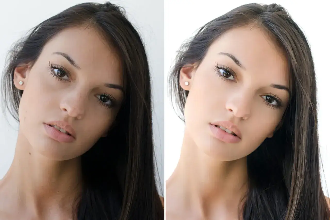 Avant/après d'un portrait retouché en style photoshop. La peau est lissée, les imperfections effacées.