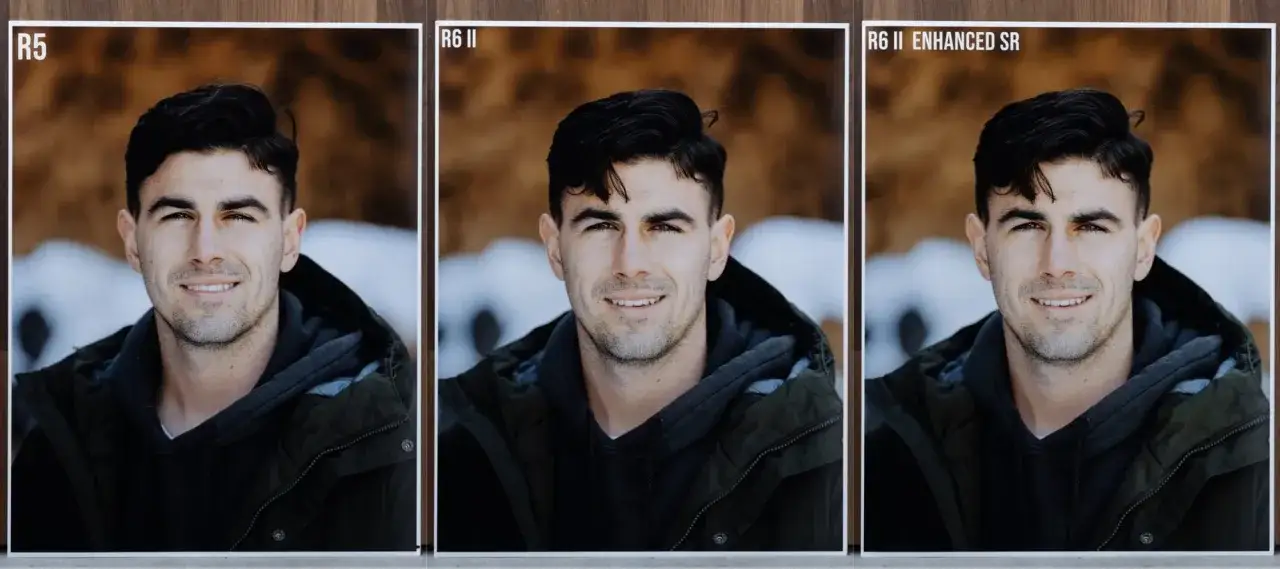 Comparaison des portraits d'un homme souriant : Canon R5 vs R6 Mark II. L'image montre trois versions du même portrait, étiquetées R5, R6 II et R6 II ENHANCED SR.