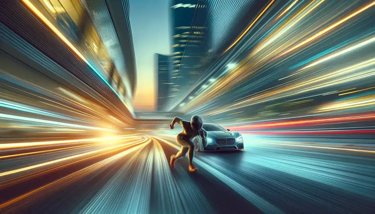 Un coureur en combinaison futuriste et une voiture de sport filent dans une ville aux lumières étirées, une photo en mouvement saisissant la vitesse.