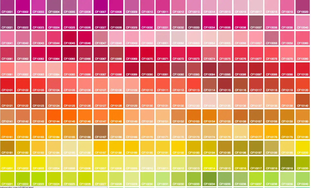 Tableau de couleurs, allant du rose vif au rouge profond, avec des nuances de magenta et d'orange. Chaque couleur est identifiée par un code, comme CF10014, représentant une palette complète en rouge CMJN.