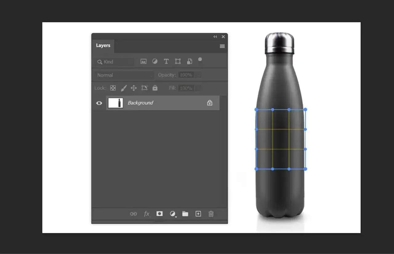 Panneau des calques de Photoshop montrant comment d&eacute;former une image sur Photoshop, avec une bouteille noire s&eacute;lectionn&eacute;e.