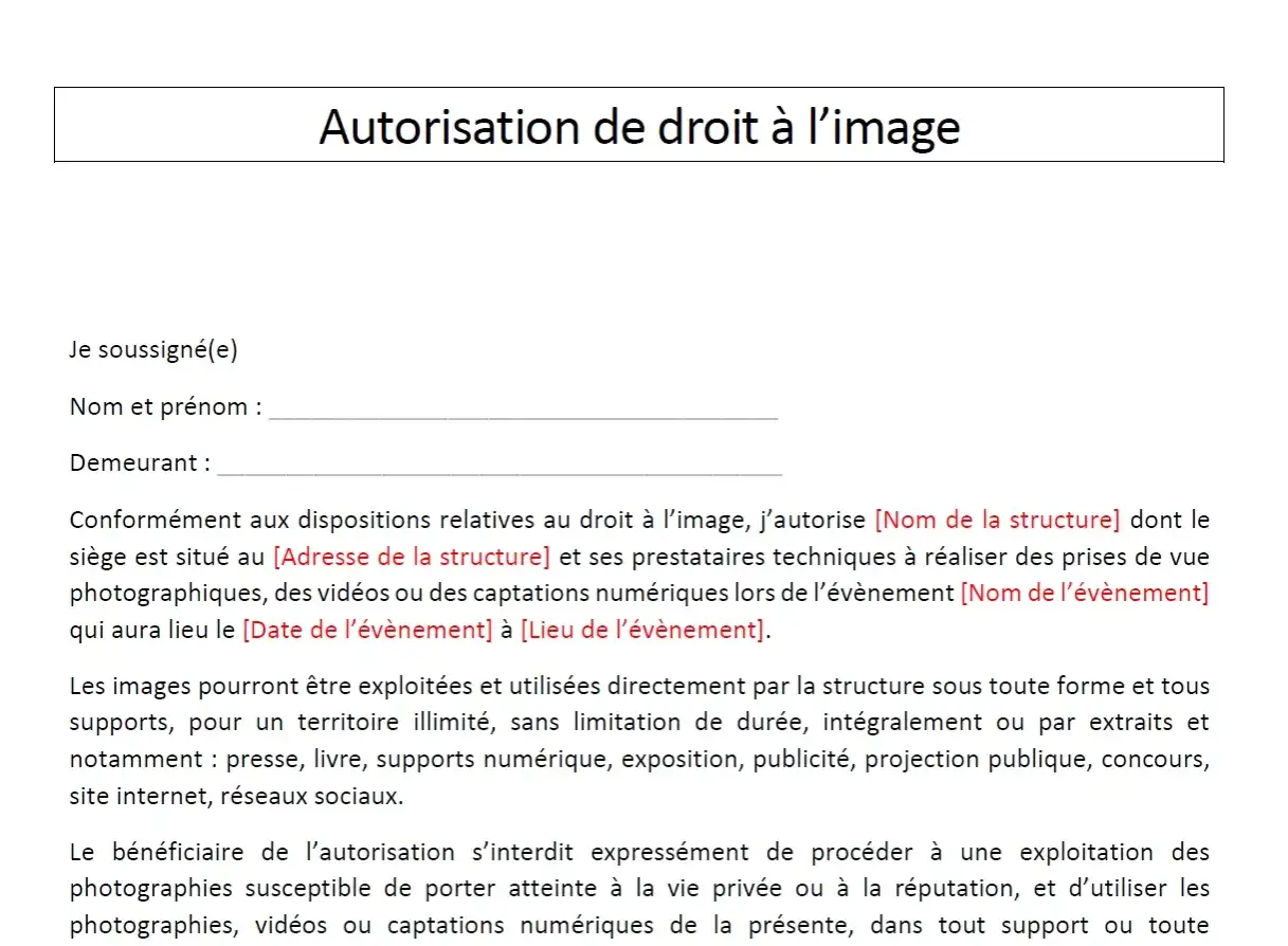 Document d'autorisation de droit &agrave; l'image, exemple de copyright photo.