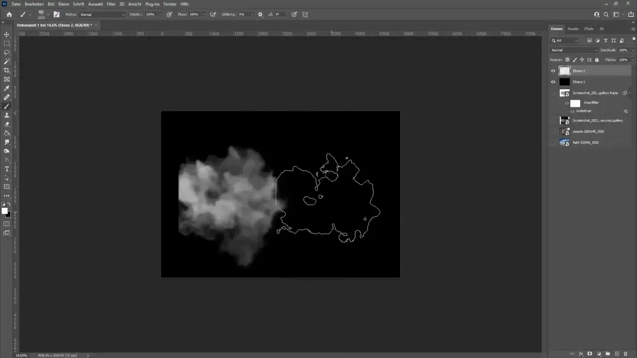 Un effet fumée Photoshop est appliqué à une forme blanche sur fond noir.