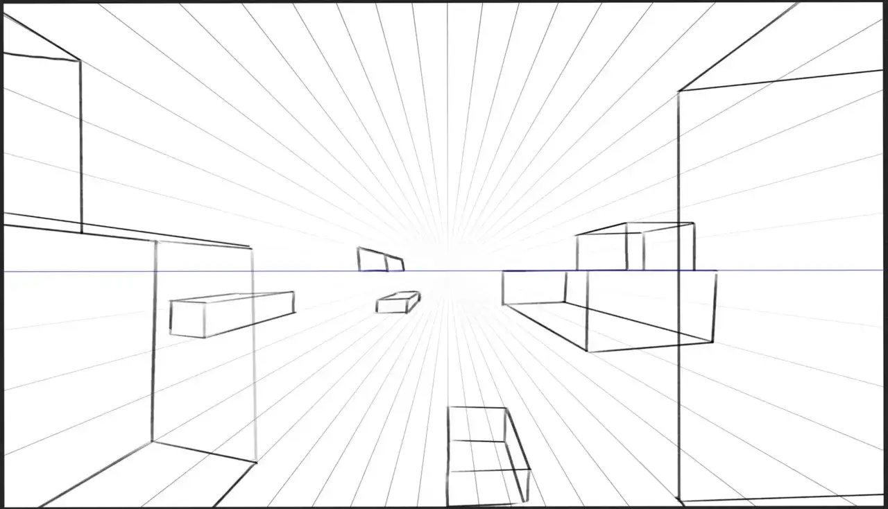 Esquisse d'une ville futuriste avec un fort effet de perspective, des lignes convergentes vers un point de fuite lointain.