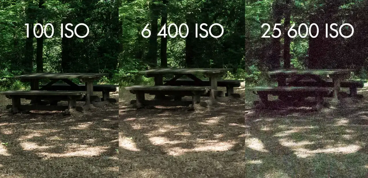 Comparaison de la qualit&eacute; d'une photo de table de pique-nique en for&ecirc;t &agrave; diff&eacute;rents r&eacute;glages ISO : 100 ISO, 6400 ISO et 25600 ISO.