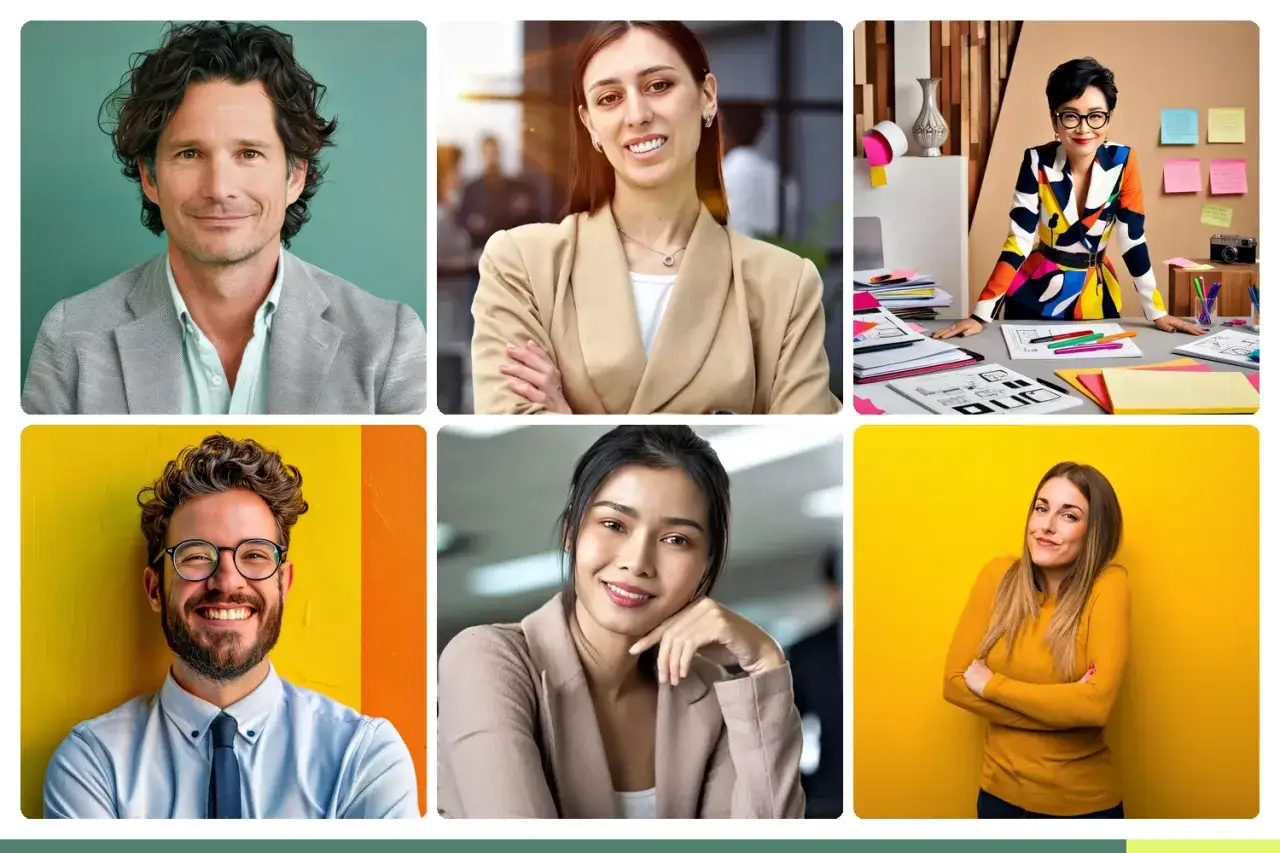 Six portraits de professionnels, certains avec un effet sp&eacute;cial sur photo pour un rendu moderne et dynamique.