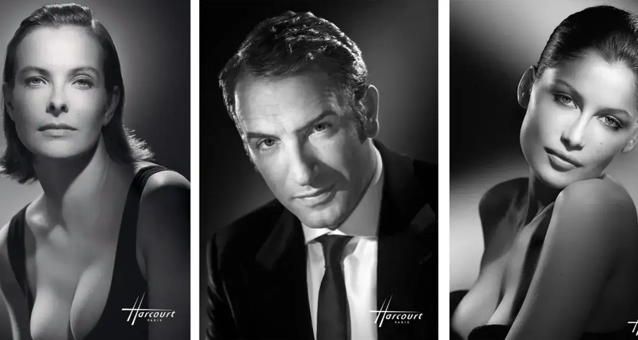 Portraits en noir et blanc de trois personnalités, capturant l'élégance intemporelle du studio Harcourt. Une histoire de glamour et de style.