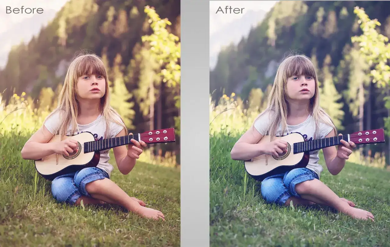 Avant/après : ajustement du balance des blancs sur Photoshop pour une jeune fille jouant de la guitare dans l'herbe.