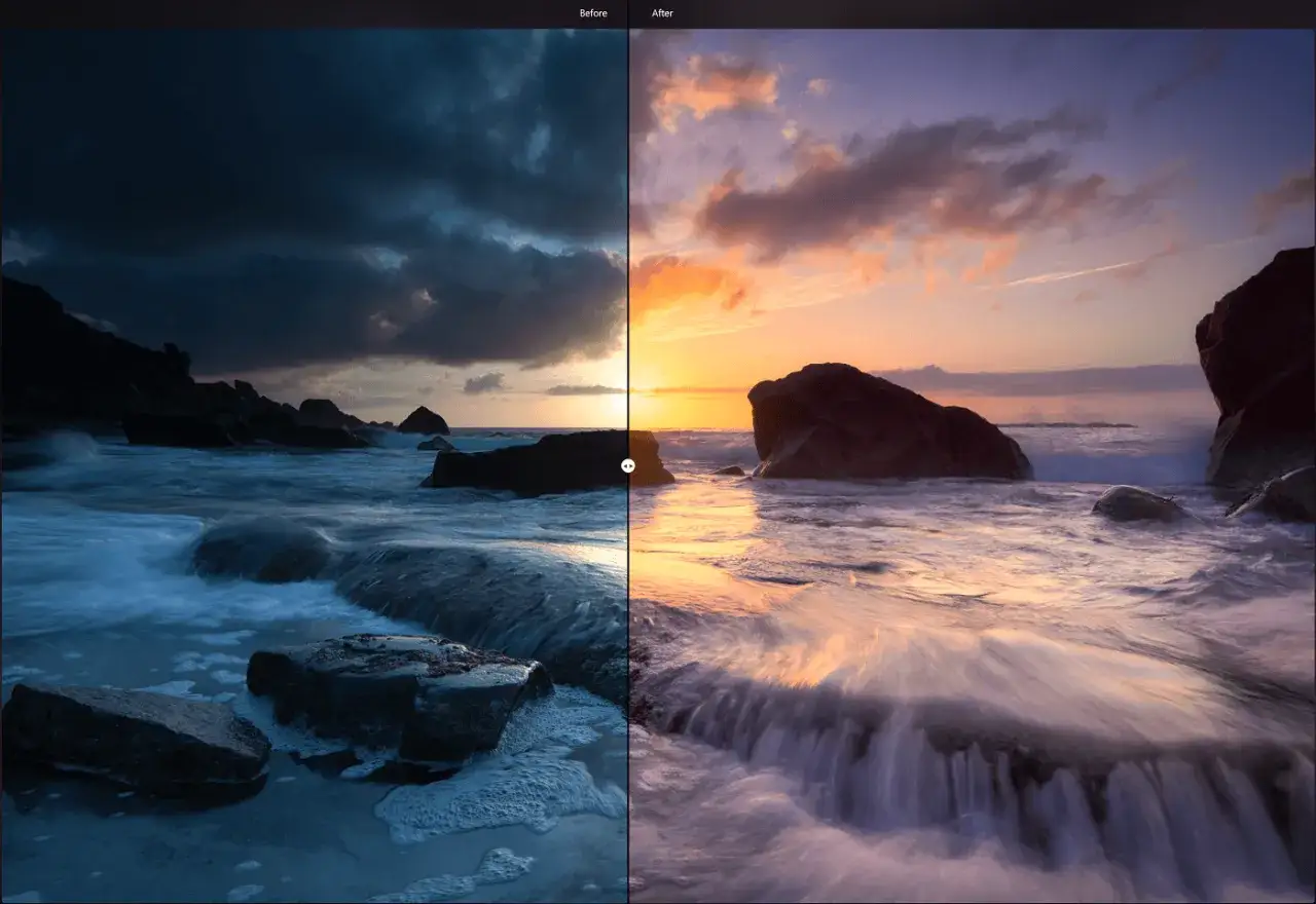 Avant/apr&egrave;s d'une c&ocirc;te rocheuse au coucher du soleil, transform&eacute;e par un logiciel retouche photo automatique. Les couleurs vives remplacent l'obscurit&eacute;.