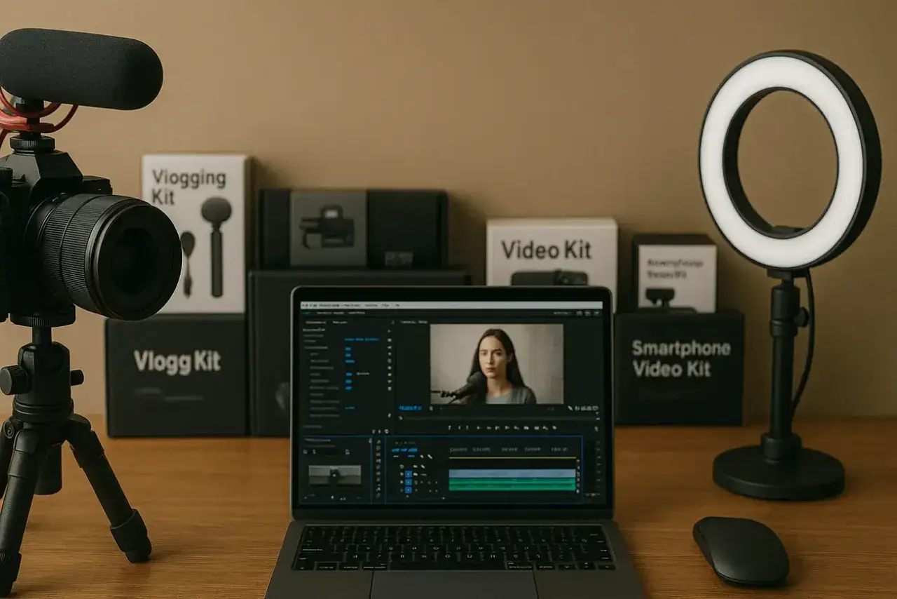 Un appareil photo sur tr&eacute;pied, un ordinateur portable affichant un logiciel de montage vid&eacute;o, une lumi&egrave;re annulaire et divers kits de vlogging.