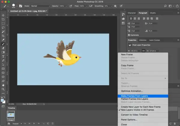 Comment faire un GIF avec Photoshop : l'option "Make Frames From Layers" est sélectionnée pour créer une animation à partir de calques.