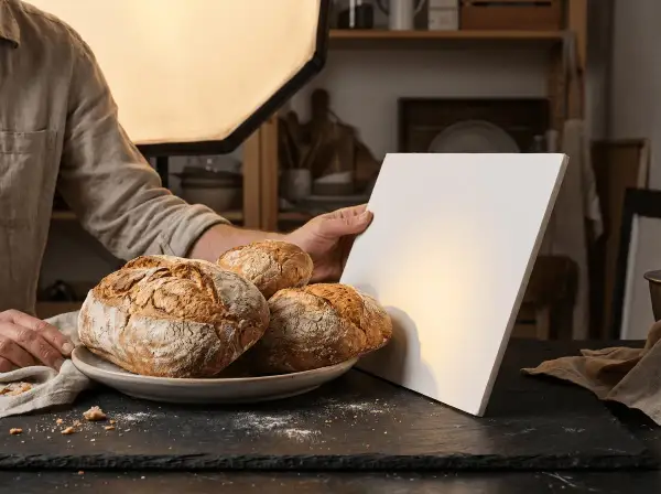 Une photo culinaire met en scène des pains artisanaux sur une assiette, éclairés par une douce lumière. Un réflecteur blanc est tenu pour parfaire la mise en scène.