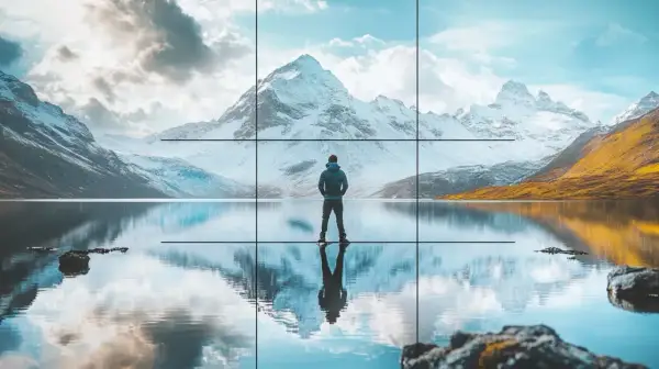 Un homme contemplant un paysage de montagne enneigée et un lac reflétant le ciel. Une composition photographique parfaite.