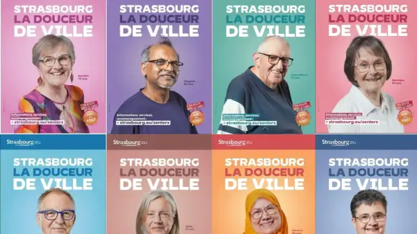 Portraits de seniors souriants à Strasbourg, promouvant la douceur de vivre. Une campagne "Ami des aînés" pour un spot photo réussi.