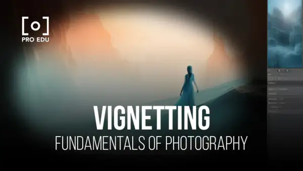 Une femme seule dans un paysage brumeux, avec le texte "Vignetting Fundamentals of Photography". L'effet de vignettage accentue le mystère.