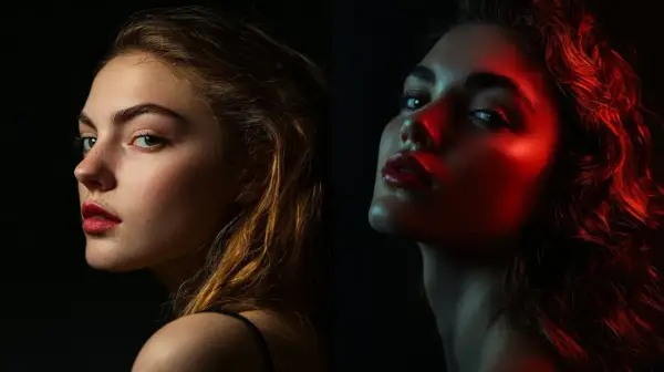 Portrait partagé : à gauche, une jeune femme au naturel, à droite, son visage baigné d'un **calque rouge Photoshop** dramatique.