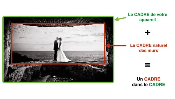 Un couple marié se tient dans un cadre naturel, créant un cadre dans le cadre.