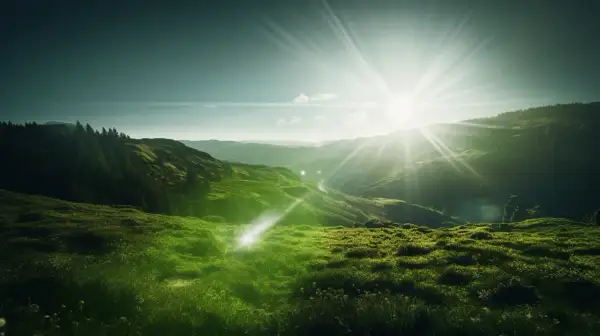 Rayons solaires éclatants traversant une vallée verdoyante. Un effet de flare photo sublime ce paysage de collines et de forêts.