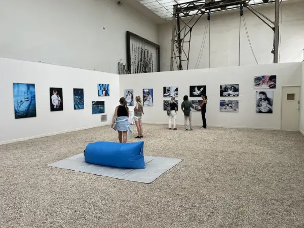 Visiteurs admirant un projet photo dans une galerie d'art. Des œuvres sur la maternité et la naissance sont exposées.