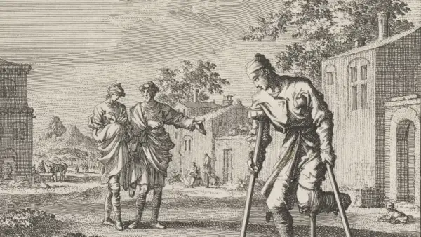 Gravure ancienne : un homme blessé sur béquilles, un autre lui parle. Une scène de cette photo histoire.