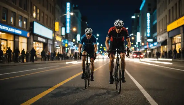 Deux cyclistes en tenue de course filent sur une avenue illuminée la nuit. Cette **photo en mouvement** capture l'énergie de la ville et la vitesse des athlètes.
