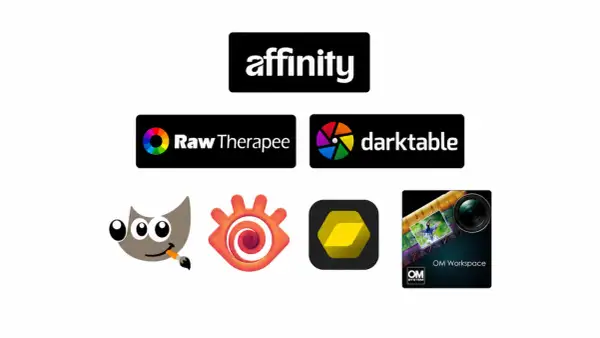 Logos de logiciels de retouche photo : Affinity, RawTherapee, Darktable, GIMP, et OM Workspace. Des outils pour explorer le monde du logiciel photo RAW gratuit.