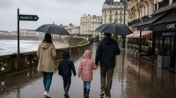 Une famille se promène sous la pluie à Biarritz, profitant de belles photos malgré le temps gris.