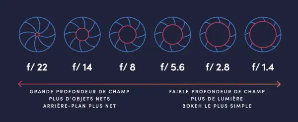 Diagramme montrant l'ouverture du diaphragme de f/22 à f/1.4, illustrant comment les photos nettes varient avec la profondeur de champ.