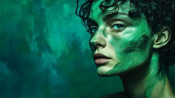 Portrait saisissant d'une femme au visage peint en vert, évoquant l'art d'une photographe femme connue.