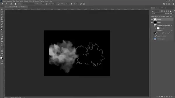 Un aperçu de Photoshop montrant un effet fumée réaliste, avec des calques visibles.